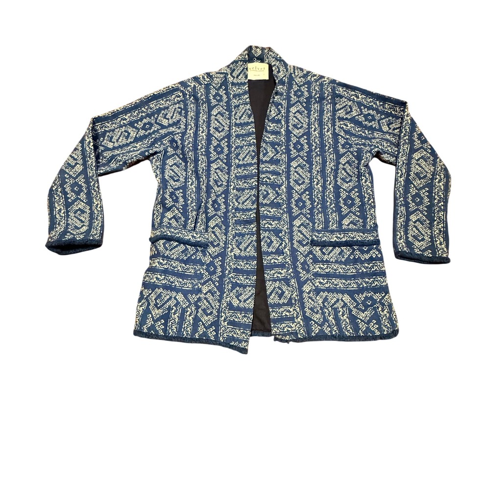 Velvet by Graham & Spencer Blue White Geometric Tribal Cotton Fringe Jacket XS